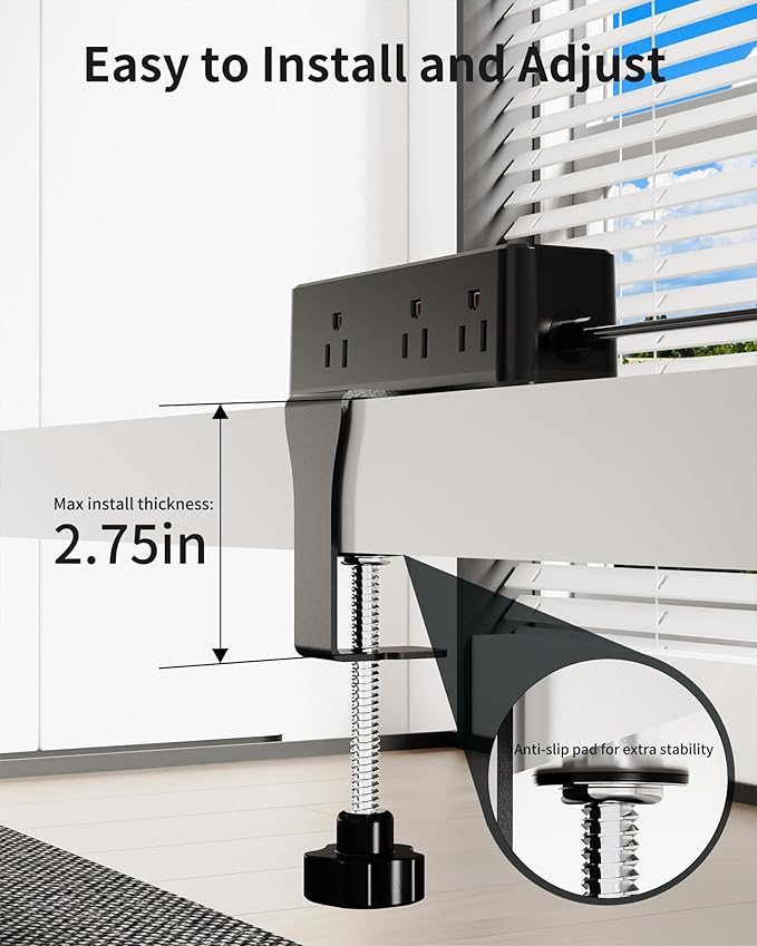 Desk Clamp Power Strip 15FT, Desktop Edge Mount Charging Station with 9 AC Outlets, 1700J Under Desk Surge Protector, Fit 2.75" Tabletop, Extension Cord for Home Office, Black