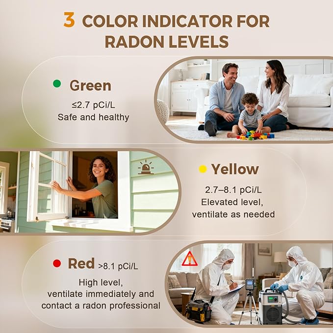 Bluetooth Radon Detector for Home, Portable Radon Tester with Real Time Gas Concentration, Temp & Humidity Monitoring, App Alerts, Detect Hidden Risks and Breathe with Confidence
