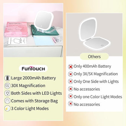 FUNTOUCH 30X Magnification Lighted Makeup Mirror,Double Sided Travel Vanity Mirror with Lights,Rechargeable 3 Color Lights & Adjustable Brightness, 300°Rotation, Foldable Portable for Christmas