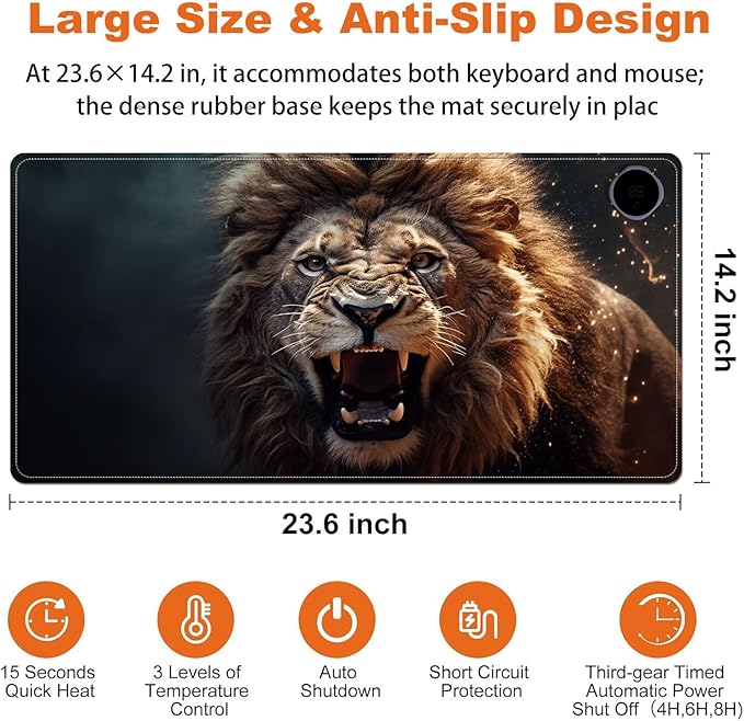 Small Heated Desk Pad 23.6" x 14.2" – Compact Electric Mouse Pad with 3 Heating Levels, Auto Shut-Off, Waterproof PU Surface, Plug-in Warmer for Office or Home Use, Roaring Lion