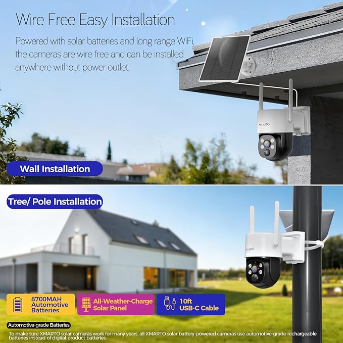 XMARTO Night Color Wire-Free Solar Home Security Camera System with Pan Tilt and Zoom，8-Set CCTV Cameras Kit with 4K 10CH Expandable WiFi NVR