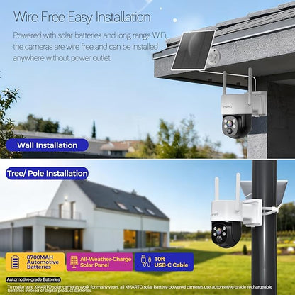 XMARTO Night Color Wire-Free Solar Home Security Camera System with Pan Tilt and Zoom，8-Set CCTV Cameras Kit with 4K 10CH Expandable WiFi NVR