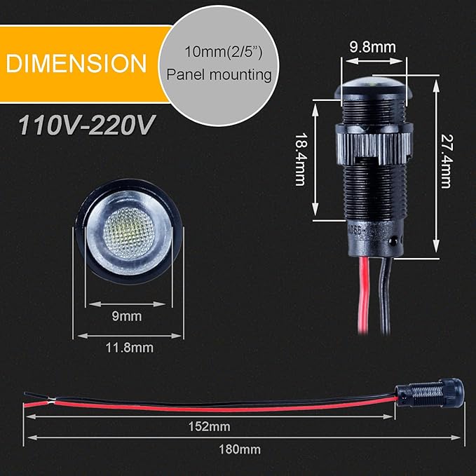5pcs 10mm LED Indicator Light Plastic Black Signal Dot Lamp 110-220VAC 2/5" Mounting Hole Size with 15cm/5.9in. Wire (White LED)