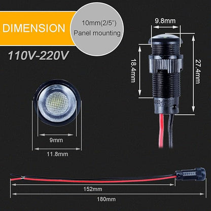 5pcs 10mm LED Indicator Light Plastic Black Signal Dot Lamp 110-220VAC 2/5" Mounting Hole Size with 15cm/5.9in. Wire (White LED)