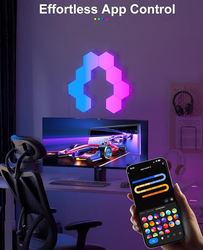 Hexagon LED Lights for Gaming Setup, Smart Home Gaming Lights Room Decor Work with Alexa Google Assistant, 14 DIY LED Panels for Wall Voice App Control Music Sync for TV Bedroom Aesthetic Decor Gift