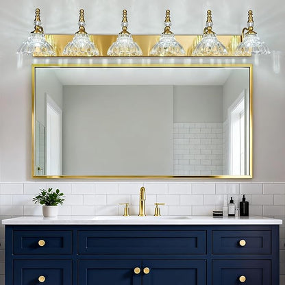 Vintage Bathroom Vanity Light, 6-Light Gold Vanity Lighting Fixture with Flower Glass Shade, Bathroom Lighting Fixtures Over Mirror