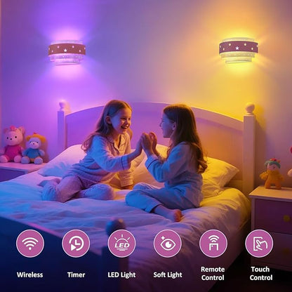 Lightess Pink Wall Sconce Battery Operated for Girls Room, LED Dimmable Wall Light Star, Cordless Wall Lamp for Children Bedroom Decor