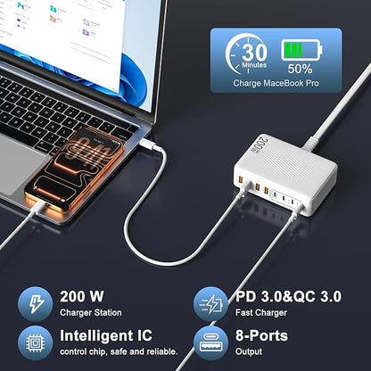 200W USB C Charger Block,GaN III 8-Port Fast Charging Station Hub,PD 65W Laptop Charge Adapter Compatible with All MacBook Pro/Air/iPad,DELL,iPhone /17/16/15/14/13/Pro Max/Galaxy Pixel Series