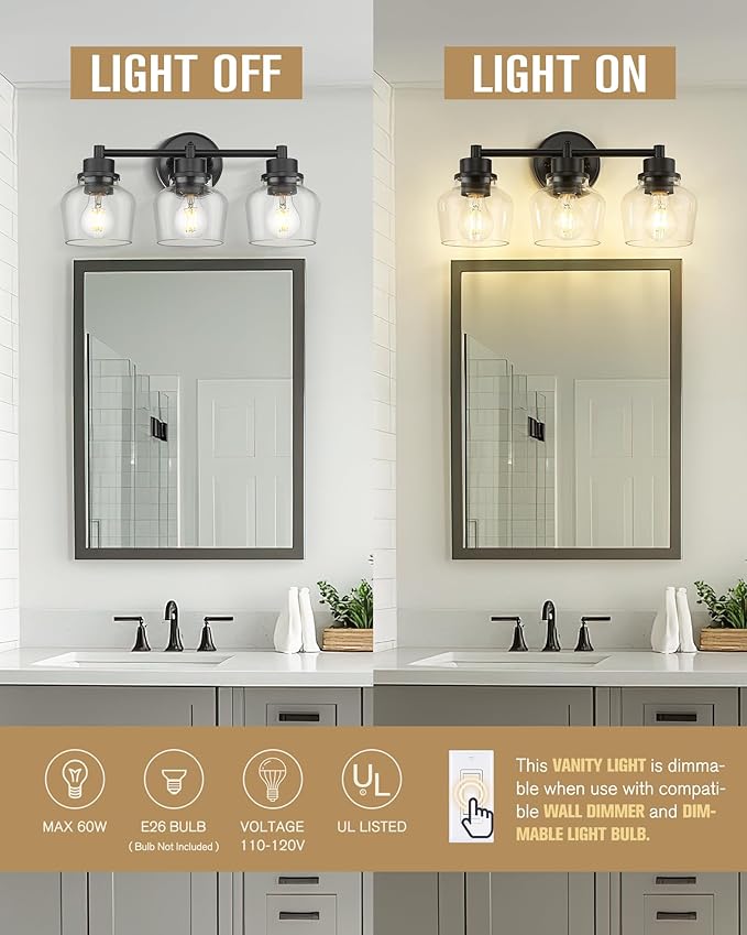 Emak 3-Light Bathroom Vanity Lights Over Mirror, Modern Bathroom Light Fixtures with Clear Glass Shade, Black Vanity Light for Bath, Makeup Desk, Mirror, VL122-BK-CG-3