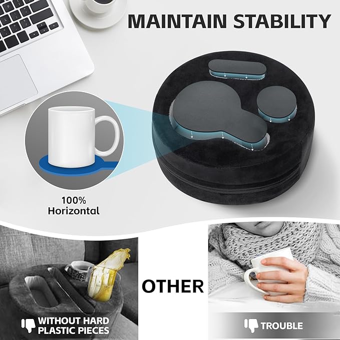 G GOOD GAIN Couch Cup Holder Pillow, Cute Sofa Drink Cup Holder Cozy Buddy | Desk Organizer for Mugs, Snacks, Phone, Makeup | Bed Caddy Tray for Car, Beach, Picnic, Boat, RV, Table (Black)