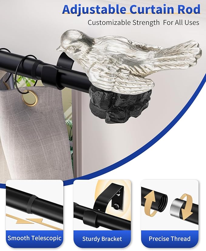 Vintage Pewter Curtain Rod 36 to 72 Inches Curtain Rods for Windows Adjustable Heavy Duty Drapery Rod with Bird Finials for Living Room Bedroom