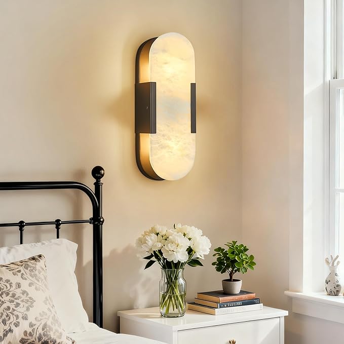 Alabaster Wall Sconce, Modern Natural Marble Wall Sconces for Indoor Lighting, 13.8 in Black Wall Lights for Bathroom Dining Room Stairs Bedroom (1-Pack)
