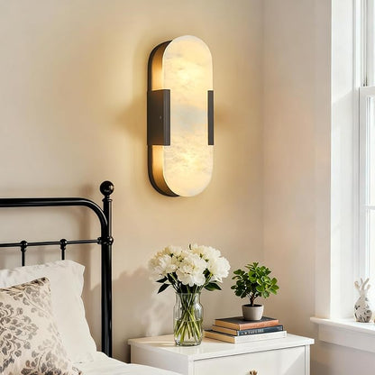 Alabaster Wall Sconce, Modern Natural Marble Wall Sconces for Indoor Lighting, 13.8 in Black Wall Lights for Bathroom Dining Room Stairs Bedroom (1-Pack)