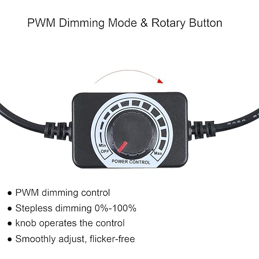DC 12V Knob LED Dimmer Switch, 5-24V 5A Rotary Control DC Motor Speed Controller Universal, Stepless Dimming for LED Strip Light/Fan, Black
