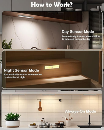 SZOKLED 58-LED Under Cabinet Lighting Wireless, RGB Motion Sensor Night Lights with Remote, 1100mAh Magnetic Under Cabinet Lights for Kitchen, Shelf, Stair, 15 Color (4 Pcs)