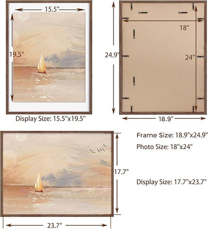 Fun Memories 18x24 Poster Frame, Solid Oak Wood 18 by 24 Picture Frame Set of 2, 18x24 Wood Frames with Tempered Glass, 18 x 24 Frame with Mat for 16 x 20, Large Wooden Art Frame, Walnut Color
