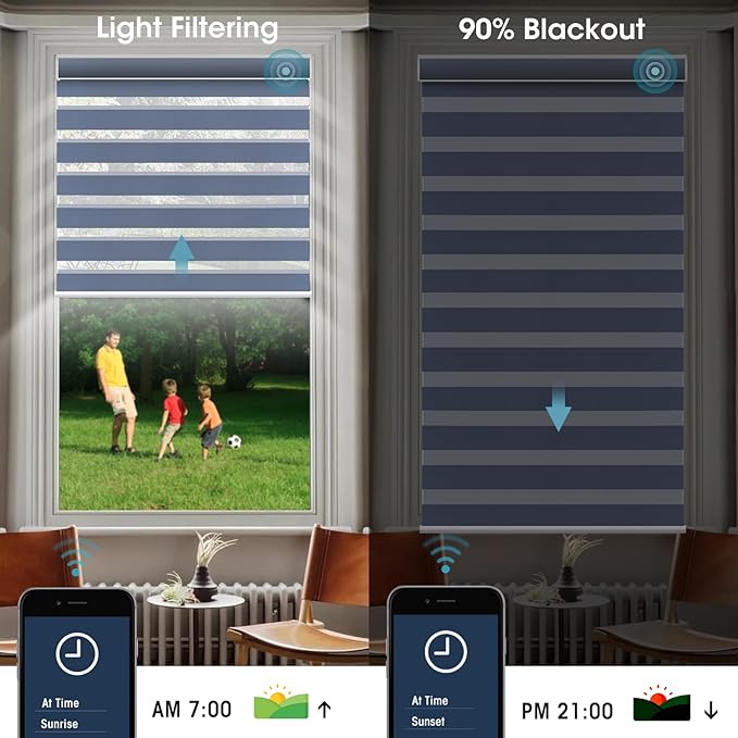 SmartWings Motorized Zebra Shades with Valance Work with Homekit Thread Alexa Z-Wave Smart Dual Layer Shades with Remote Control, Automatic Horizontal Window Blind, 90% Blackout 95mm Astrid Blue