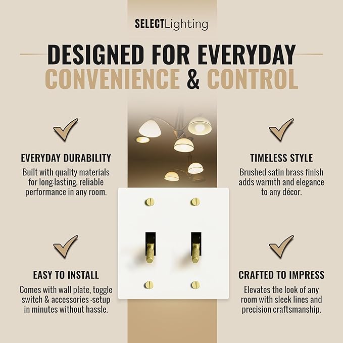 Select 15A 120V AC 2-Gang Toggle Switch, White with Solid Brass Vintage Style Single Pole 3 Way Compatible Wall Mount Toggle Switch, Included Faceplate & Switch Module, UL Listed