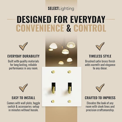 Select 15A 120V AC 2-Gang Toggle Switch, White with Solid Brass Vintage Style Single Pole 3 Way Compatible Wall Mount Toggle Switch, Included Faceplate & Switch Module, UL Listed