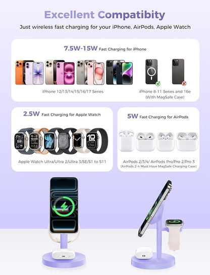 2025 3 in 1 Wireless Charging Station Compatible with MagSafe, 15W Fast Magnetic Mag-Safe Charger Stand for Apple iPhone 17 16 15 14 13 12 Series iWatch AirPods Pro 4 3 2, Purple