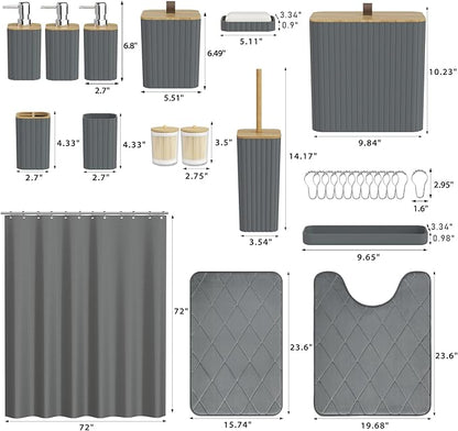 Bathroom Accessory Set - Grey Bathroom Set, 27PC Bathroom Accessories Set, Bathroom Sets with Shower Curtain and Rugs, Mini Trash Can, Toilet Brush, Trash Can & Soap Dispenser