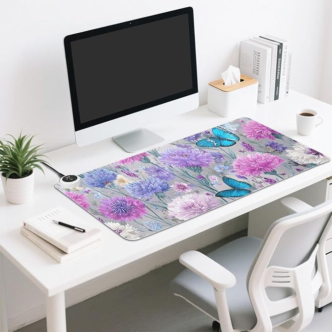 Heated Desk Pad Mouse Pad 31.5x13 Inch PU Leather Desk Mat with 3 Heat Levels Large Mouse Gaming Computer Laptop Mat Grey Pink Corflower Butterfly