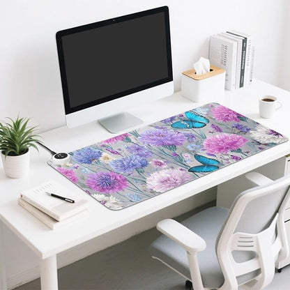 Heated Desk Pad Mouse Pad 31.5x13 Inch PU Leather Desk Mat with 3 Heat Levels Large Mouse Gaming Computer Laptop Mat Grey Pink Corflower Butterfly