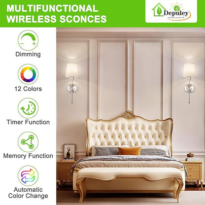 Depuley Battery Operated Wall Sconce: Set of 2 19.9 Inch Wireless Wall Lights with Remote for Bedroom - Rechargeable 15 Colors Wall Lamp for Living Room Hallway Decor - Brushed Nickel