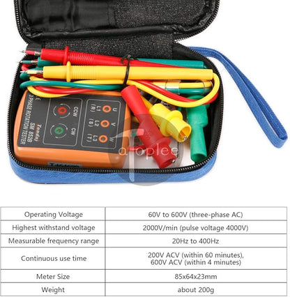 ATOPLEE 3 Phase Sequence Presence Rotation Tester Indicator Detector Meter with LED and Buzzer 60V~600V (3 Phase AC)
