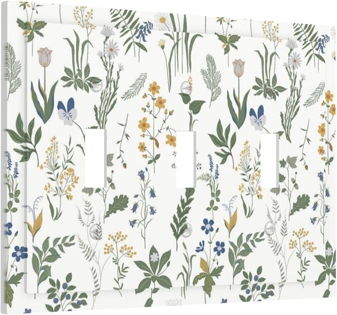 Decorative Switch Plates Floral Green Leaf Plant Flowes 3 Gang Wall Plate Triple Toggle Light Switch Cover Faceplate Electrical Wall Panels For Bed Room Farmhouse Decor