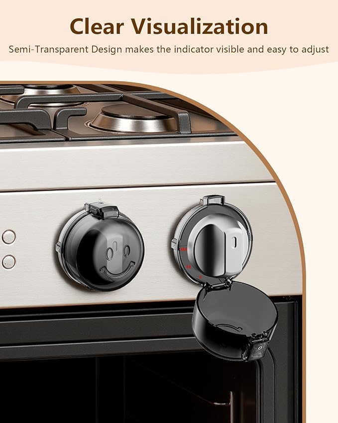 Stove Knob Covers - 5+1 Pack Heat Resistant Gas Stove Knob Covers with Child Proof Lock & Strong Adhesive, Oil-Proof Oven Knob Covers with Semi-Transparent Design, Black