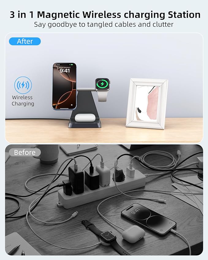 Charging Station for Multiple Devices Apple: 3 in 1 Magnetic Wireless Charger Stand for MagSafe-Compatible Nightstand Charging Dock for iPhone 17 16 15 14 13 12 Pro Max Plus Apple Watch Airpods
