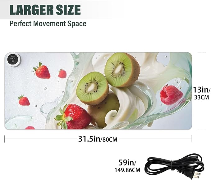 Large Heated Mouse Pad,Leather Desk Mat,31.5"x13",Hand Warmer Pads for Desk,Fruit(Red Cream)