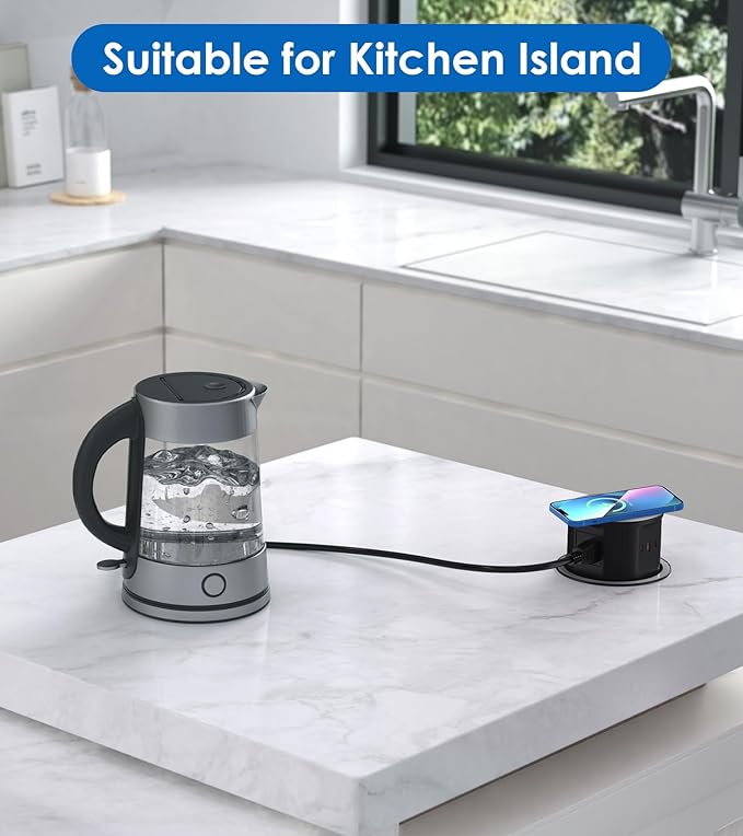 ANNQUAN 4.75" Pop Up Outlet with 65W USB-C,15W Wireless Charger,4 Outlets,3 USB Ports,Pop Up Countertop Receptacle Outlet for Home Office Kitchen