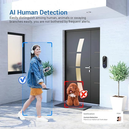 1080P Wireless Video Doorbell Camera, 2.4G WiFi Only, AI Human Detection, Indoor/Outdoor Surveillance Cam, 2-Way Talk, Night Vision, Cloud Storage (Sold Separately)