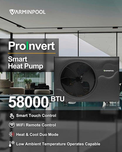 Pro Invert 58000BTU Smart Electric Pool Heater for 18000 Gals Above Ground and Ingroud Pools, Heat Pump with WiFi Capable & Timer Function Controller, Heat&Cool, 220V
