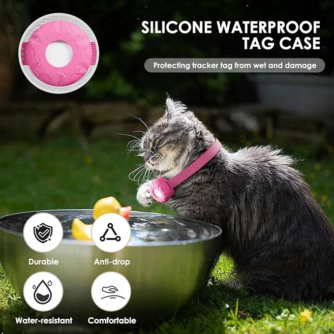 Cat Tracker, Waterproof Pet Tracker for Cats, Cat Tracker Collar with Safety Elastic Buckle, Works with Any Collar,Compatible with Apple Find My App (Only iOS) not for Android, No Monthly Fee, Pink