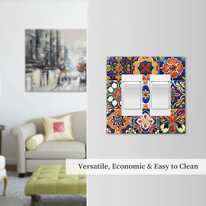 Decorative Outlet Covers Colorful Mexican Talavera Vintage Boho Floral 2 Gang Double Gfci Rocker Electrical Wall Panels Light Switch Cover Plate For Farmhouse Cabin Decor
