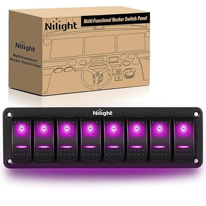 Nilight 8 Gang Rocker Switch Panel with Purple LED Light 5 Pin On Off Pre-Wired Aluminum Toggle Switches Waterproof for 12V/24V Cars Marine Boats ATVs Trailers RV Trucks