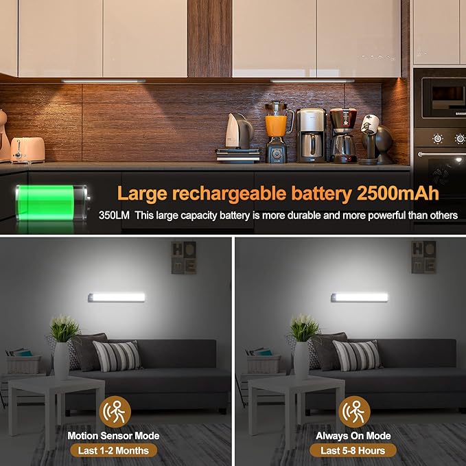 2 Pack 54LED Under Cabinet Lights, 12.5 Inch Wireless Motion Sensor Light with 2200mAh USB-C Rechargeable Battery, Magnetic Mount for Kitchen, Closet & Stairs