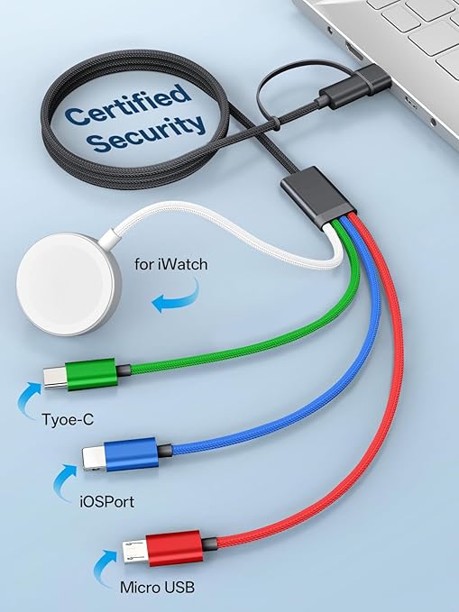 Travel Essentials, 4 in 2 Multi Charging Cable for Apple Watch Charger/iPhone Charger,USB C Cable Cord for iPhone 17-11/iWatch Ultra/10-2/Galaxy S25-S20, Android Phones, MP3-MultiColor,4FT