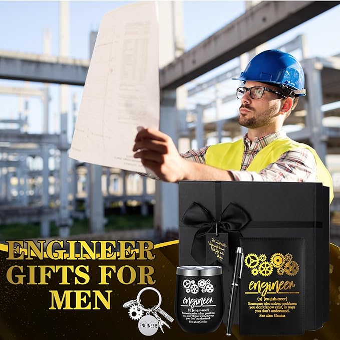 6 Pcs Engineer Gifts Set for Men Women Mechanical Engineer Gifts 12 oz Stainless Steel Cup Socks Keychain Pen Notebook Box for Aerospace Engineering Mechanical Electrical