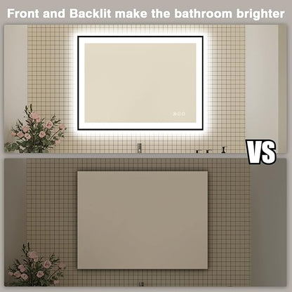 48x36 LED Bathroom Mirrors for Wall - Black Aluminum Framed(Front and Backlit),Anti-Fog Vanity Mirror with Lights,Stepless Dimmable Lighted Mirror,3 Colors Smart Mirror(Horizontal/Vertical)