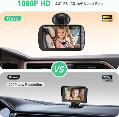 Wireless Baby Car Camera Monitor – 4.3 Inch Display with Rear Facing Car Seat Cameras, 1080P HD Night Vision IR-Cut, USB & Battery Powered Plug and Play Backseat Baby Monitor for Infant Toddler Safety