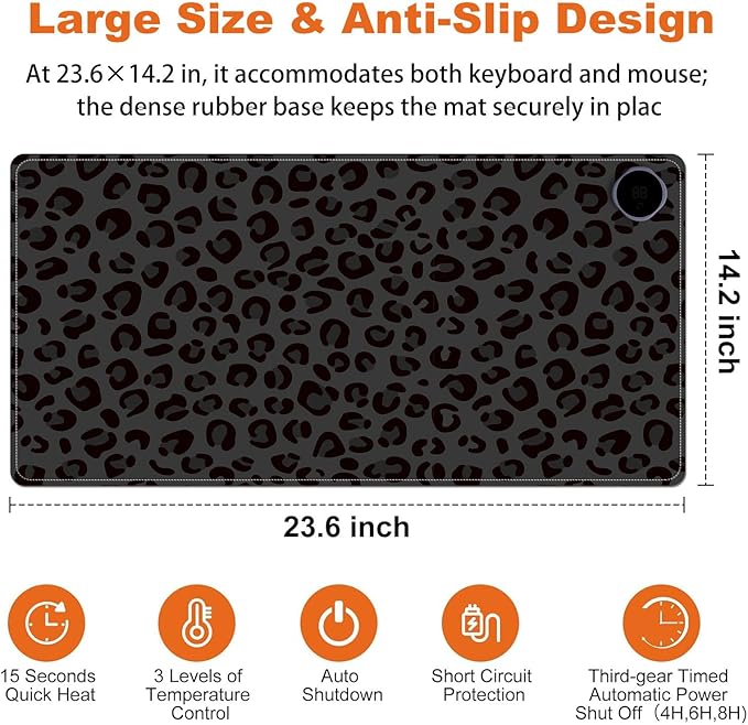 Small Heated Desk Pad 23.6" x 14.2" – Compact Electric Mouse Pad with 3 Heating Levels, Auto Shut-Off, Waterproof PU Surface, Plug-in Warmer for Office or Home Use, Dark Leopard Print