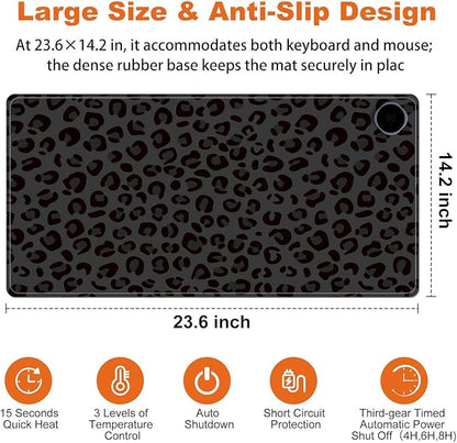 Small Heated Desk Pad 23.6" x 14.2" – Compact Electric Mouse Pad with 3 Heating Levels, Auto Shut-Off, Waterproof PU Surface, Plug-in Warmer for Office or Home Use, Dark Leopard Print