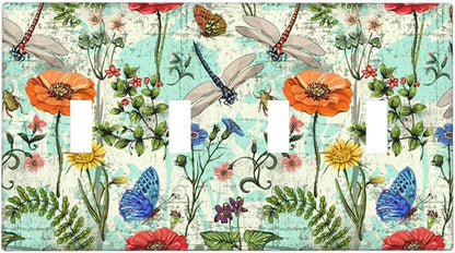 Dragonflies Flowers Butterfly 4 Gang Quad Toggle Outlet Light Switch Cover Decorative Wall Plate Cover For Home Living Bedroom Kitchen Decorative