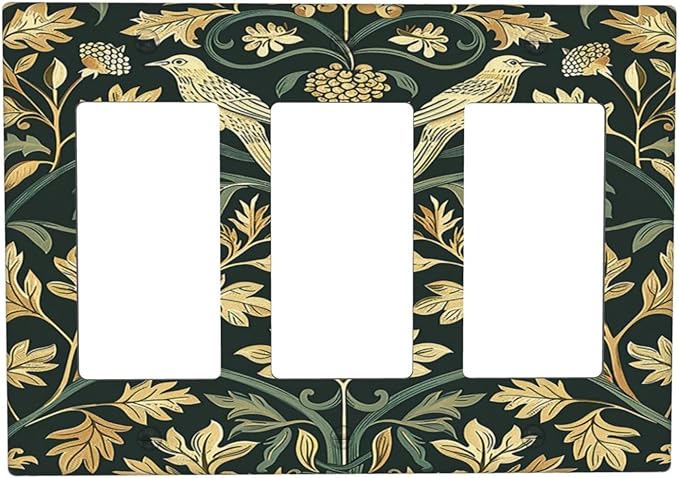 Light Switch Covers William Morris Vintage Botanical Birds Golden Green Leaves 3 Gang Rocker Electrical GFCI Decorative Triple Outlet Wall Plate Cover Switchplate for Bedroom Home Decor