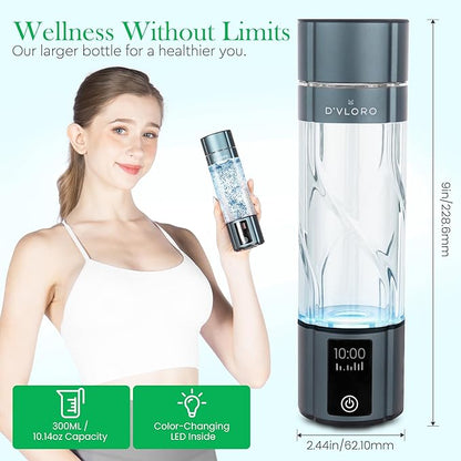 D’VLORO Hydrogen Bottle – Portable 10 OZ H₂ Infuser Hydrogen-Water-Bottle with UV Light – Electric Water Bottle 7.83Hz Tech, Wireless Charging Pad, 5-10 Min Cycles, Up to 4000+ PPB Concentration