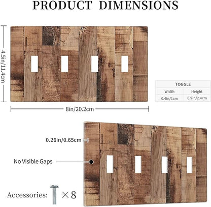 Light Switch Covers Rustic Brown Wood Grain Quad Toggle Electrical Faceplate 4 Gang Wall Plate Decorative Switch Plates for Farmhouse Kitchen Decor
